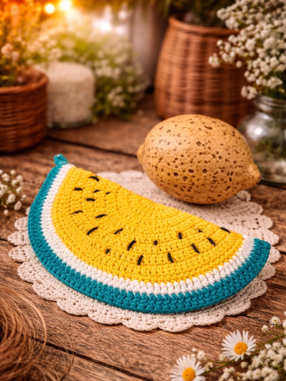 Handmade‎ Crochet Lemon Lime Slice Potholder & Ceramic Lemon Decor Set